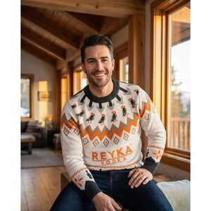 Reyka Vodka Christmas Sweater Tipsy Elves Puffin Bird Fair Isle Mens L NWT